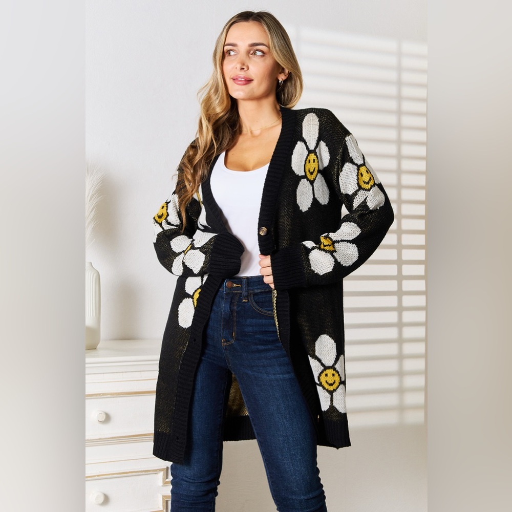 Perfee Floral Button Down Longline Cardigan
